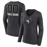 Toronto Blue Jays Women's Personalized Monochrome Name & Number Long Sleeve V-Neck T-Shirt Charcoal