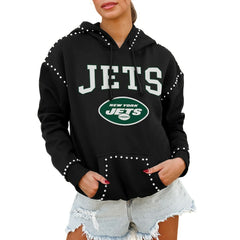 New York Jets Gameday Couture Women's Oversized Catch the Vibe Studded Pullover Hoodie - Black on sale