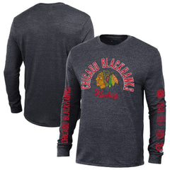 Chicago Blackhawks Champion Multi-Logo Tri-Blend Long Sleeve T-Shirt - Heather Black T-shirts