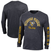 Pittsburgh Penguins Champion Multi-Logo Tri-Blend Long Sleeve T-Shirt - Heather Black T-shirts