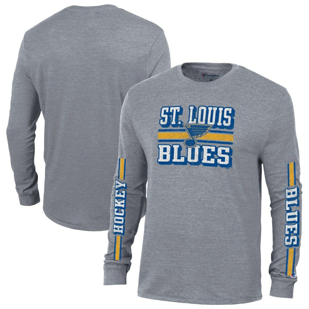 St. Louis Blues Champion Tri-Blend Dual-Stripe Long Sleeve T-Shirt - Heather Gray T-shirts