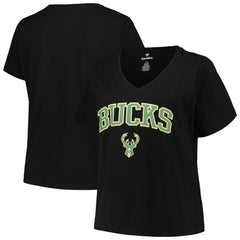 Milwaukee Bucks Profile Women's Plus Size Arch Over Logo V-Neck T-Shirt - Black sale