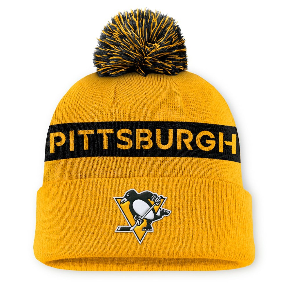 Pittsburgh Penguins Fanatics Women's Authentic Pro Rink Cuffed Knit Hat with Pom - Gold/Black Hats