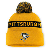 Pittsburgh Penguins Fanatics Women's Authentic Pro Rink Cuffed Knit Hat with Pom - Gold/Black Hats