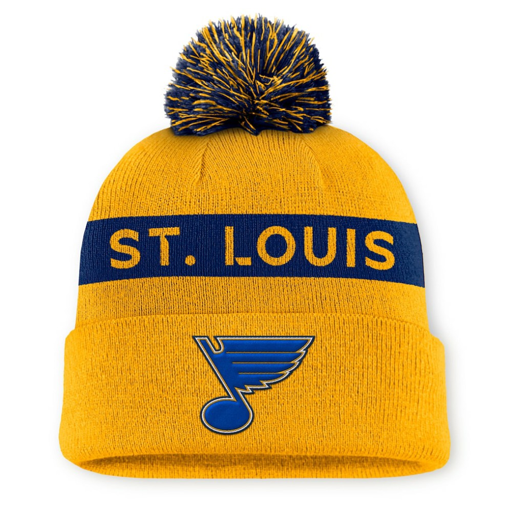St. Louis Blues Fanatics Women's Authentic Pro Rink Cuffed Knit Hat with Pom - Gold/Navy Hats