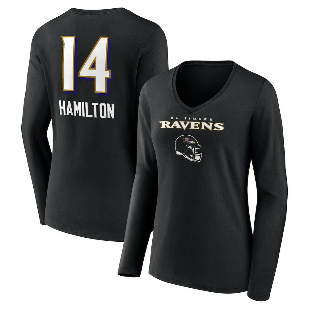 Kyle Hamilton Baltimore Ravens Women's Team Wordmark Player Name & Number Long Sleeve V-Neck T-Shirt - Black discount