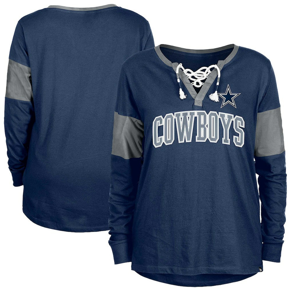 Dallas Cowboys New Era Women's Lace-Up Notch-Neck Long Sleeve T-Shirt - Navy cheap