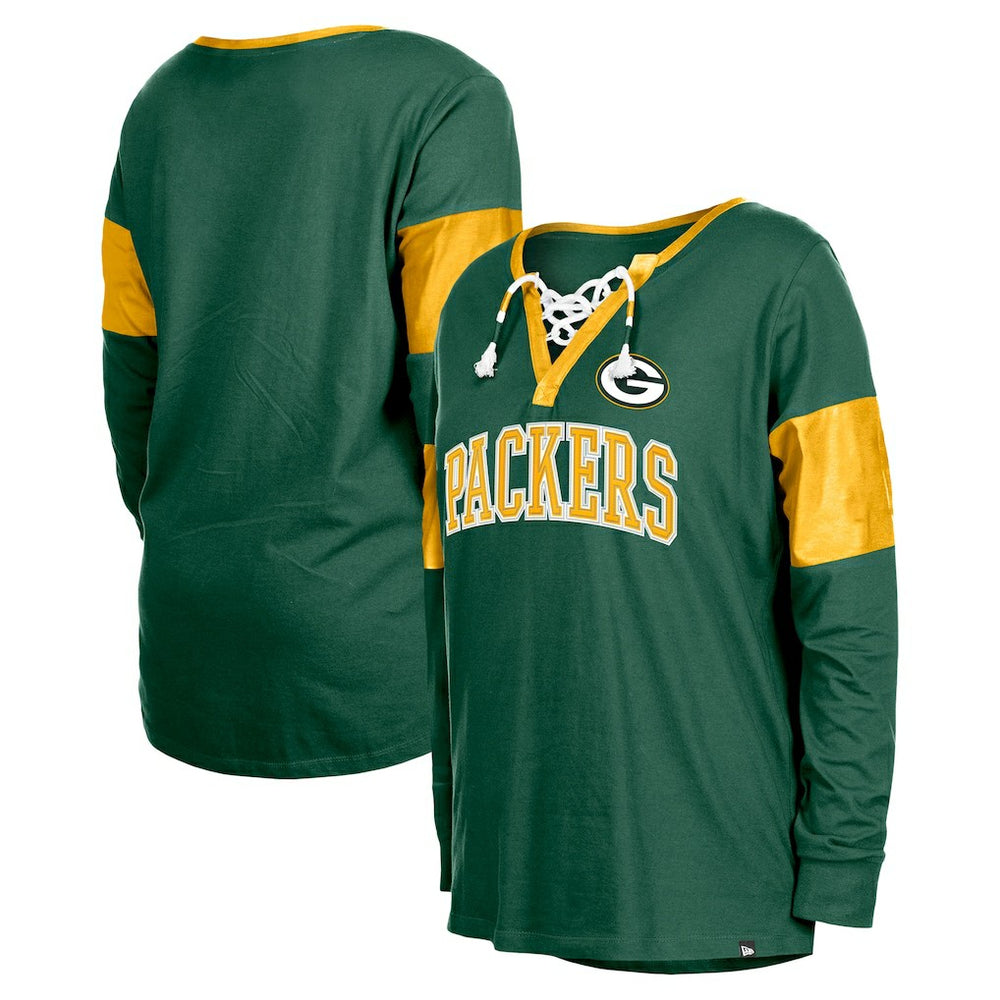 Green Bay Packers New Era Women's Lace-Up Notch-Neck Long Sleeve T-Shirt - Green online