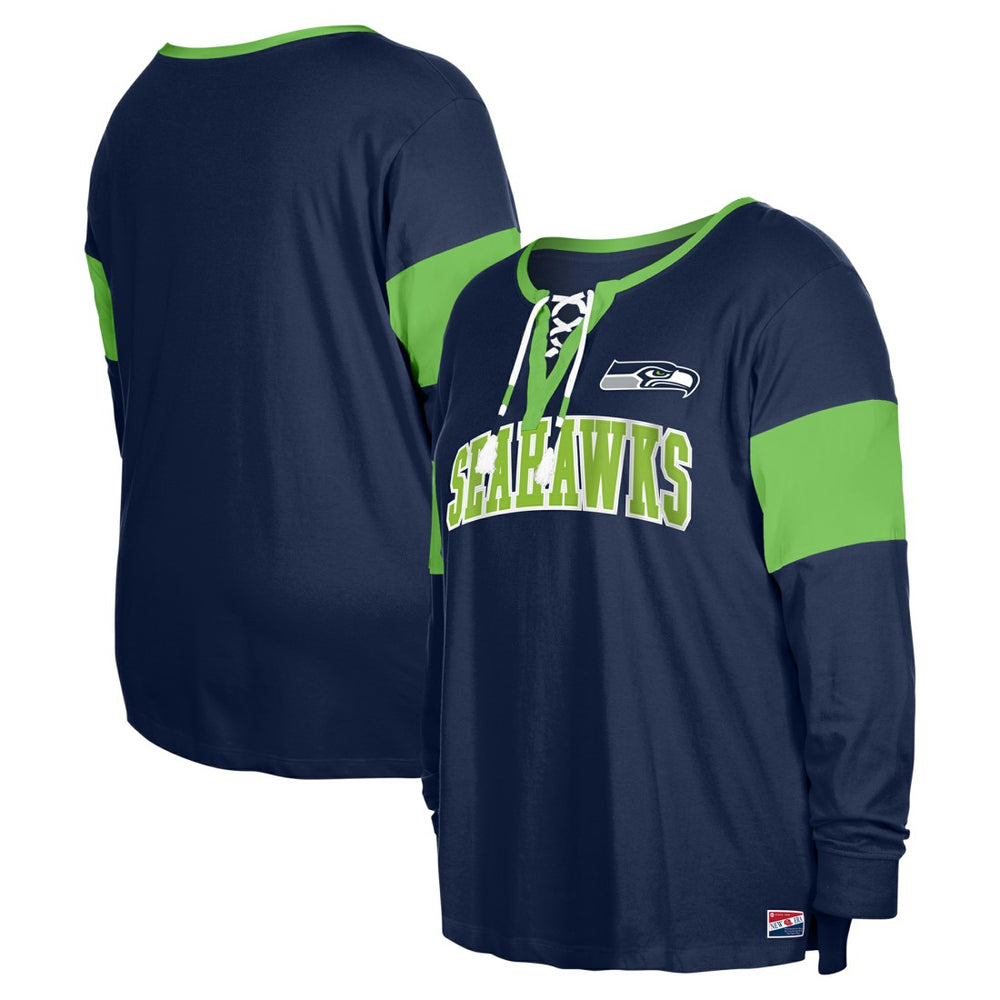 Seattle Seahawks New Era Women's Plus Size Lace-Up Notch Neck Long Sleeve T-Shirt - College Navy sale