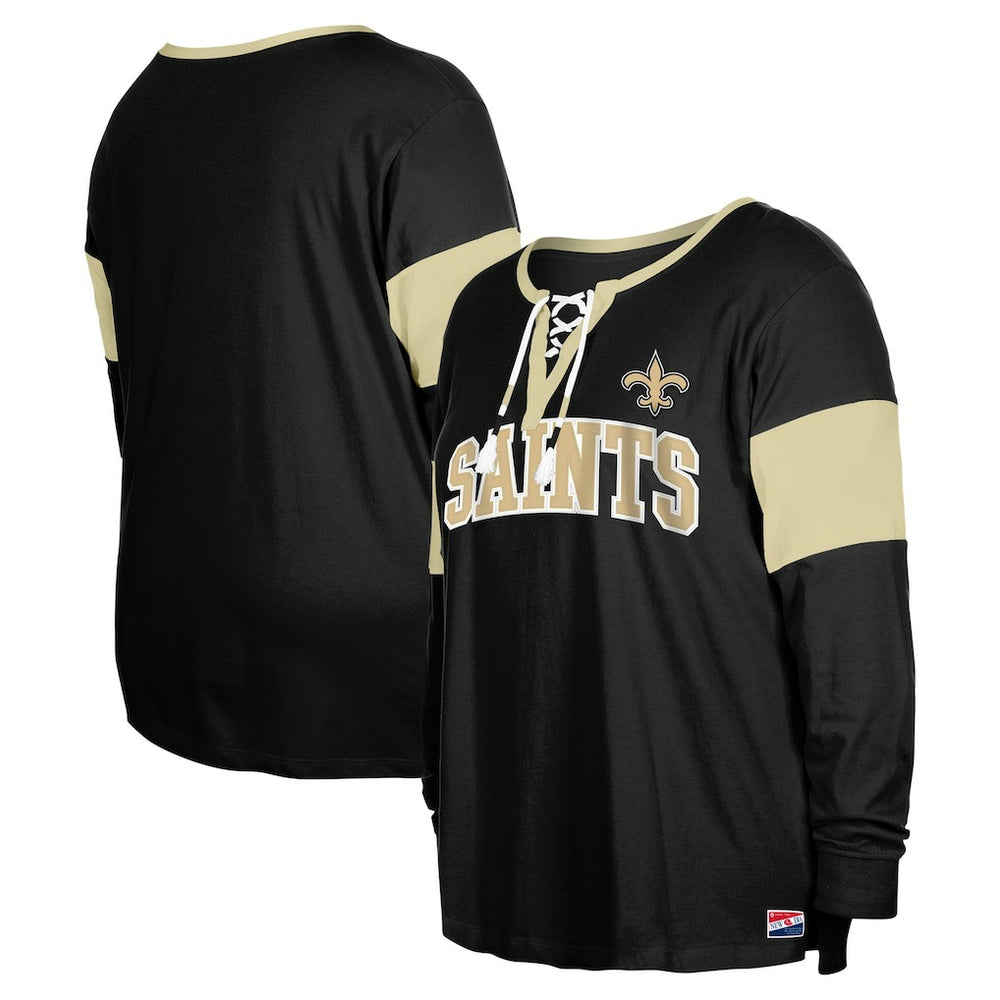 New Orleans Saints New Era Women's Plus Size Lace-Up Notch Neck Long Sleeve T-Shirt - Black on sale