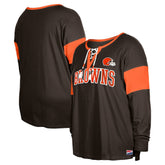 Cleveland Browns New Era Women's Plus Size Lace-Up Notch Neck Long Sleeve T-Shirt - Brown for sale
