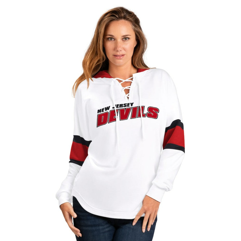 New Jersey Devils G-III 4Her by Carl Banks Women's Goal Zone Long Sleeve Lace-Up Hoodie T-Shirt - White/Red T-shirts