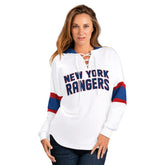 New York Rangers G-III 4Her by Carl Banks Women's Goal Zone Long Sleeve Lace-Up Hoodie T-Shirt - White/Blue T-shirts