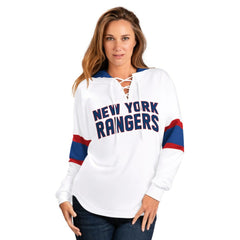 New York Rangers G-III 4Her by Carl Banks Women's Goal Zone Long Sleeve Lace-Up Hoodie T-Shirt - White/Blue T-shirts