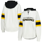 Pittsburgh Penguins G-III 4Her by Carl Banks Women's Goal Zone Long Sleeve Lace-Up Hoodie T-Shirt - White/Black T-shirts