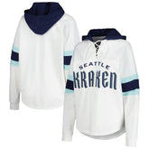 Seattle Kraken G-III 4Her by Carl Banks Women's Goal Zone Long Sleeve Lace-Up Hoodie T-Shirt - White/Deep Sea Blue T-shirts