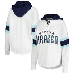 Seattle Kraken G-III 4Her by Carl Banks Women's Goal Zone Long Sleeve Lace-Up Hoodie T-Shirt - White/Deep Sea Blue T-shirts