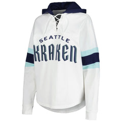Seattle Kraken G-III 4Her by Carl Banks Women's Goal Zone Long Sleeve Lace-Up Hoodie T-Shirt - White/Deep Sea Blue T-shirts