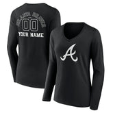 Atlanta Braves Women's Monochrome Personalized Name & Number Long Sleeve V-Neck T-Shirt Black