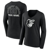 Baltimore Orioles Women's Monochrome Personalized Name & Number Long Sleeve V-Neck T-Shirt Black