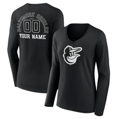 Baltimore Orioles Women's Monochrome Personalized Name & Number Long Sleeve V-Neck T-Shirt Black