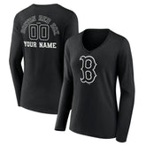 Boston Red Sox Women's Monochrome Personalized Name & Number Long Sleeve V-Neck T-Shirt Black