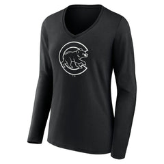 Chicago Cubs Women's Monochrome Personalized Name & Number Long Sleeve V-Neck T-Shirt Black