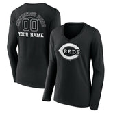 Cincinnati Reds Women's Monochrome Personalized Name & Number Long Sleeve V-Neck T-Shirt Black