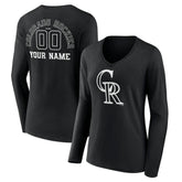 Colorado Rockies Women's Monochrome Personalized Name & Number Long Sleeve V-Neck T-Shirt Black