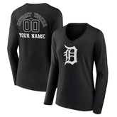 Detroit Tigers Women's Monochrome Personalized Name & Number Long Sleeve V-Neck T-Shirt Black