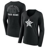 Houston Astros Women's Monochrome Personalized Name & Number Long Sleeve V-Neck T-Shirt Black