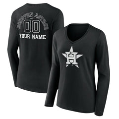 Houston Astros Women's Monochrome Personalized Name & Number Long Sleeve V-Neck T-Shirt Black