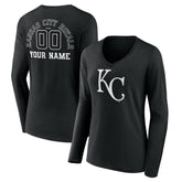 Kansas City Royals Women's Monochrome Personalized Name & Number Long Sleeve V-Neck T-Shirt Black