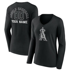 Los Angeles Angels Women's Monochrome Personalized Name & Number Long Sleeve V-Neck T-Shirt Black