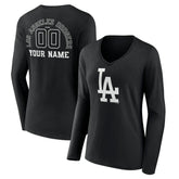 Los Angeles Dodgers Women's Monochrome Personalized Name & Number Long Sleeve V-Neck T-Shirt Black