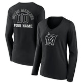 Miami Marlins Women's Monochrome Personalized Name & Number Long Sleeve V-Neck T-Shirt Black