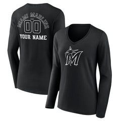 Miami Marlins Women's Monochrome Personalized Name & Number Long Sleeve V-Neck T-Shirt Black