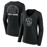 Milwaukee Brewers Women's Monochrome Personalized Name & Number Long Sleeve V-Neck T-Shirt Black