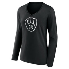 Milwaukee Brewers Women's Monochrome Personalized Name & Number Long Sleeve V-Neck T-Shirt Black