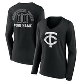 Minnesota Twins Women's Monochrome Personalized Name & Number Long Sleeve V-Neck T-Shirt Black