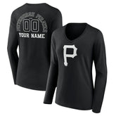 Pittsburgh Pirates Women's Monochrome Personalized Name & Number Long Sleeve V-Neck T-Shirt Black