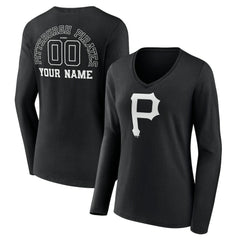 Pittsburgh Pirates Women's Monochrome Personalized Name & Number Long Sleeve V-Neck T-Shirt Black