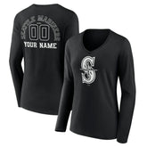Seattle Mariners Women's Monochrome Personalized Name & Number Long Sleeve V-Neck T-Shirt Black