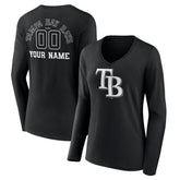 Tampa Bay Rays Women's Monochrome Personalized Name & Number Long Sleeve V-Neck T-Shirt Black