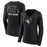 Toronto Blue Jays Women's Monochrome Personalized Name & Number Long Sleeve V-Neck T-Shirt Black