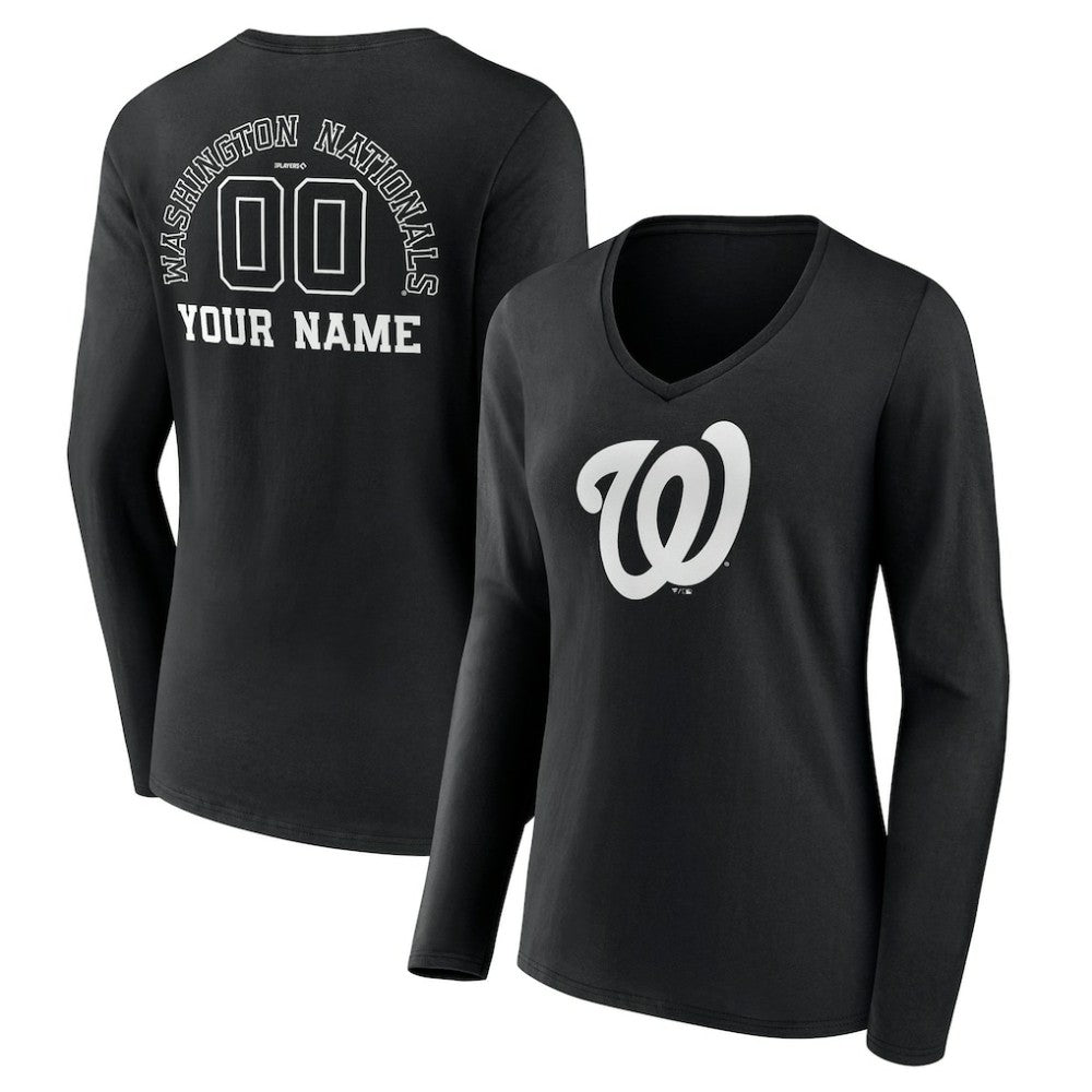 Washington Nationals Women's Monochrome Personalized Name & Number Long Sleeve V-Neck T-Shirt Black