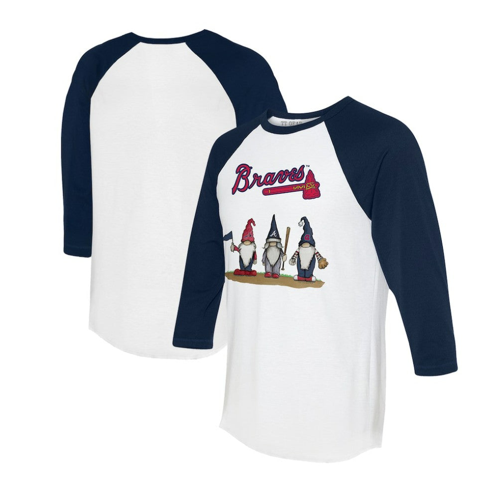 Atlanta Braves Tiny Turnip Unisex Gnomes 3/4-Sleeve Raglan T-Shirt White/Navy