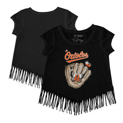 Baltimore Orioles Tiny Turnip Girls Youth Butterfly Glove Fringe T-Shirt Black