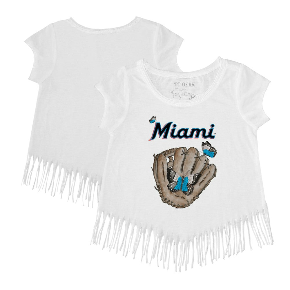 Miami Marlins Tiny Turnip Girls Youth Butterfly Glove Fringe T-Shirt White