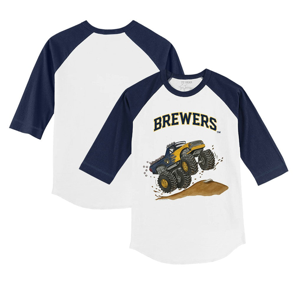 Milwaukee Brewers Tiny Turnip Youth Monster Truck 3/4-Sleeve Raglan T-Shirt White/Navy